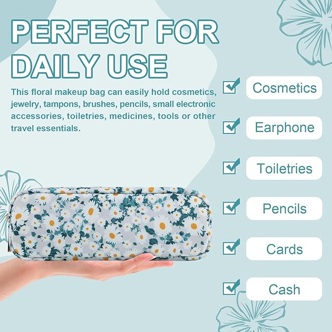 Waterproof Small Floral Pencil Case Makeup Bag for Purse,Cute Flower Pencil Pouch Preppy Nylon Makeup Brush Holder with Zipper,Girls Portable Storage Case for Work(Slim Green-Daisy)