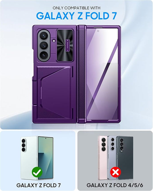 for Samsung Galaxy Z Fold 7 Case with Card Holder RFID Blocking, Built in Slide Lens Cover & Hinge Protection & Screen Protector, Shockproof Wallet Case for Z Fold 7 (Purple)
