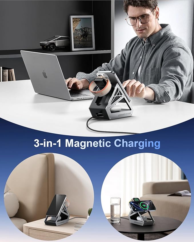 NANAMI Wireless Charging Station for Apple Watch, Qi2 Certified 3 in 1 15W Magnetic Wireless Charger Stand for iPhone 16/15/14/13/12 Series, AirPods 4/3/Pro/Pro 2, [Certified] Apple Watch Charger