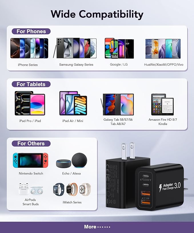 40W USB C Charger Block, 2-Pack 4-Port Type C Fast Charging Brick Dual PD&QC Wall Plug Adapter Power Brick for iPhone 16/15/14/13/12/Pro Max Plus/iPad/Airpods/iwatch/Samsung Galaxy (Black)