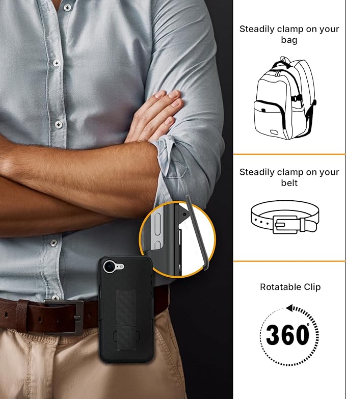 MOTIVE Designed for iPhone 16e Case with Belt Clip, Shell Holster Combo for Apple iPhone 16 e, Slim Rugged Case with Holster, Drop Shockproof Protective Cover & Kickstand 6.1" | Black - 2025