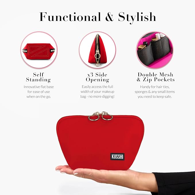 KUSSHI Washable Travel Makeup Bag for Purse (Everyday, Candy Apple Red/Pink)