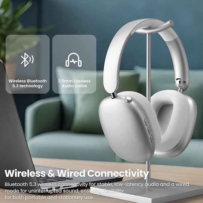Y01 Wireless Over Ear Headphones, Noise Canceling Bluetooth 5.3 Headphones with Microphones,Hi-Res Audio,48H Playtime,Foldable,Breathable Soft Earpads for iOS/Android/Samsung/PC-Silver