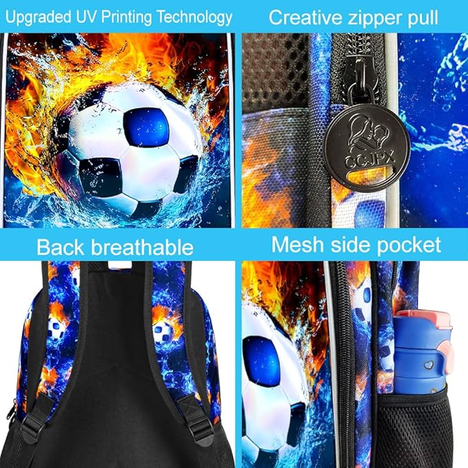 17" Soccer Backpack for Boys, Kids Bookbag with Lunch Box, 3Pcs Football School Backpacks for Elementary Preschool Kindergarten (Fire and Ice)