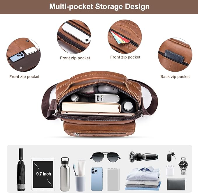 Men's Leather Crossbody Shoulder Bag - Messenger Satchel Travel Handbag