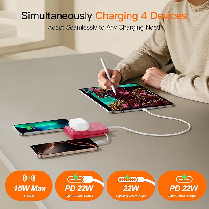 2025 Magnetic Battery Pack 16800mAh Mobile Power Bank, Portable Charger with Foldable Stand and Built-in Cable, 20W USB-C Fast Charging, Suitable for iPhone 17/16/15/14/13/12 Series