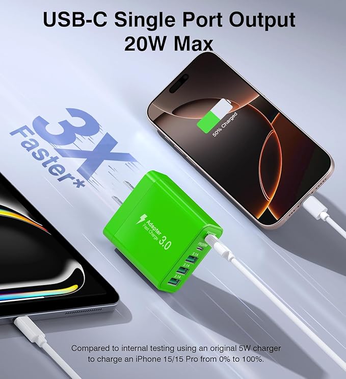 [2-Pack] USB C Wall Charger, 50W Fast USB C Charger Block, 5-Port PD Power Adapter + QC Wall Plug Multiport Type C Charging Block Cube Compatible with iPhone 16 15 14 13 12 11 Pro Max XR XS, Green
