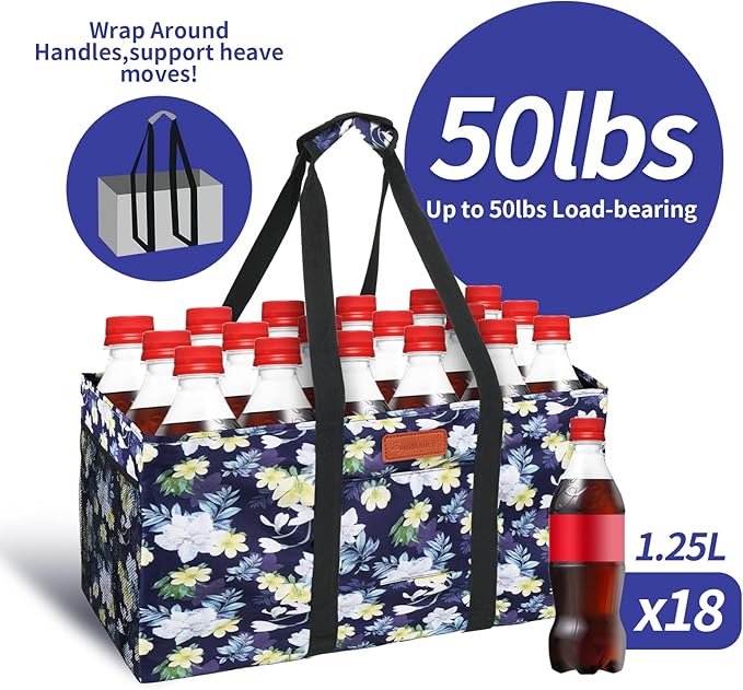 MHOMER Reusable Grocery Bags Extra Waterproof Large Tote Bag with Carrying Handles Reinforced Bottom Durable Oxford Fabric Foldable Shopping Bags for Storage Space Saving Dark Blue Flower