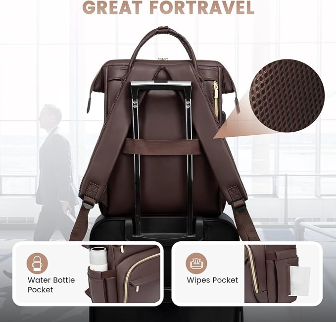 LOVEVOOK Leather Laptop Backpack for Women 15.6 inch,Travel Backpack Purse Nurse Teacher Backpack Computer Laptop Bag,Professional College Business Work Bags Carry On Backpack with USB Port,Coffee