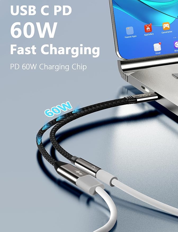 VIOY USB C to 3.5mm Headphone and Charger Adapter-2 in 1 Type C to Aux and Charger Splitter with PD 60W Fast Charging and Data Transfer for iPhone 16/15 Pro,iPad Pro,Samsung Galaxy S22 S21 S20,Pixel