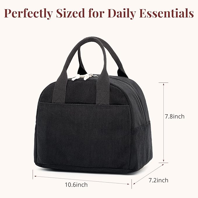 Insulated Black Lunch Bag for Men Women, Stylish Corduroy Tote with Aluminum Lining, Large Capacity Reusable Cooler for Work, Travel, Beach or Picnic, Soft Black Water-Resistant Lunch Box