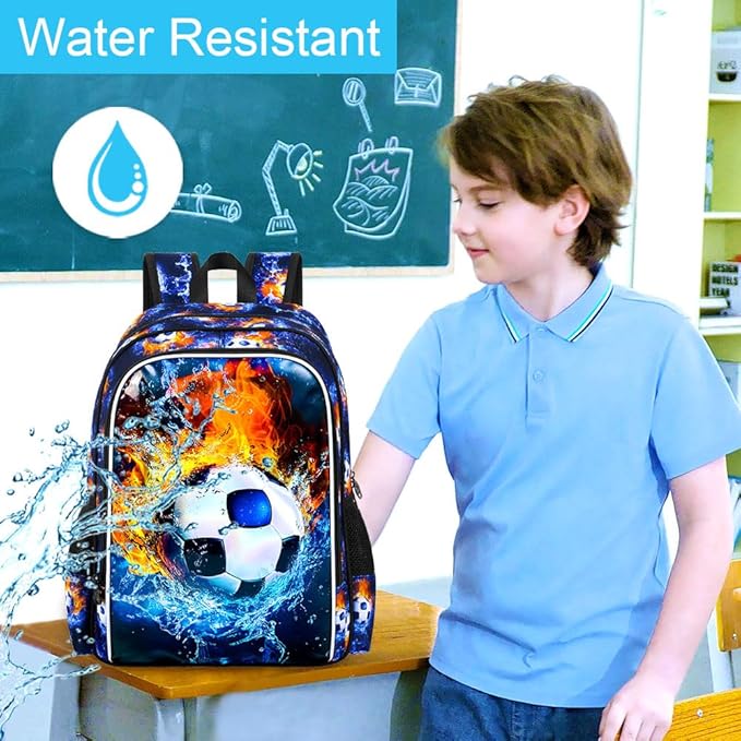 17" Soccer Backpack for Boys, Kids Bookbag with Lunch Box, 3Pcs Football School Backpacks for Elementary Preschool Kindergarten (Fire and Ice)