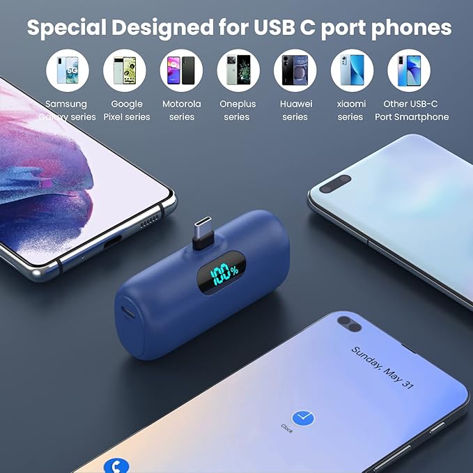 [2 Pack] Samll Portable Charger for iPhone 16/15 Series, 5000mAh 3A PD USB C Power Bank, Mini LCD Display Battery Pack Compatible with iPhone 16/16 Plus/16 Pro/15 Pro Max,Samsung,Android/Moto/LG etc