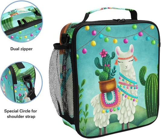 Lunch Box Bag Cartoon Alpaca Llama Cactus Tropical Lunchbox Insulated Thermal Cooler Ice Adjustable Shoulder Strap for Women Men Boys Girls