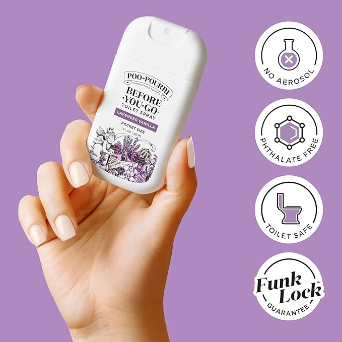 Poo-Pourri Before-You-Go Pocket Toilet Spray, Travel Essentials, Lavender Vanilla, 1 Fl Oz, Up to 50 Uses, On-The-Go Bathroom Odor Deodorizer with Essential Oils, TSA Approved Size