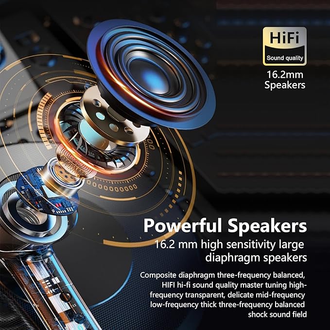 Open Ear Headphones, Wireless TWS Stereo Bluetooth 5.3 with Microphone, Ultra-Comfort, Fast Charging, IXP4 Waterproof, Lightweight, Smart Digital Display, Sport Earbuds, 300H, Black