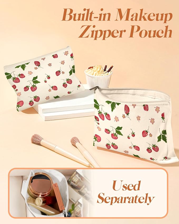 2 Pack Canvas Tote Bag - with Makeup Pouch Aesthetic Cute Women Reusable Canvas Bag for Shopping, Work, Travel