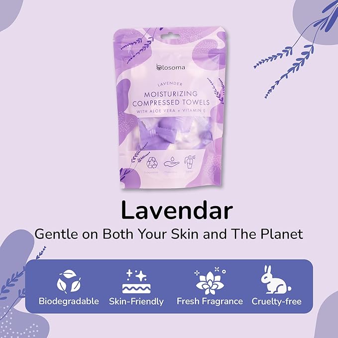 Lavender Compressed Towel Tablets – Disposable Cotton, Instant Expandable water activated Face Towels, Travel-Friendly, Biodegradable Moisturizing Towels for Camping and Outdoors (Pack of 100)