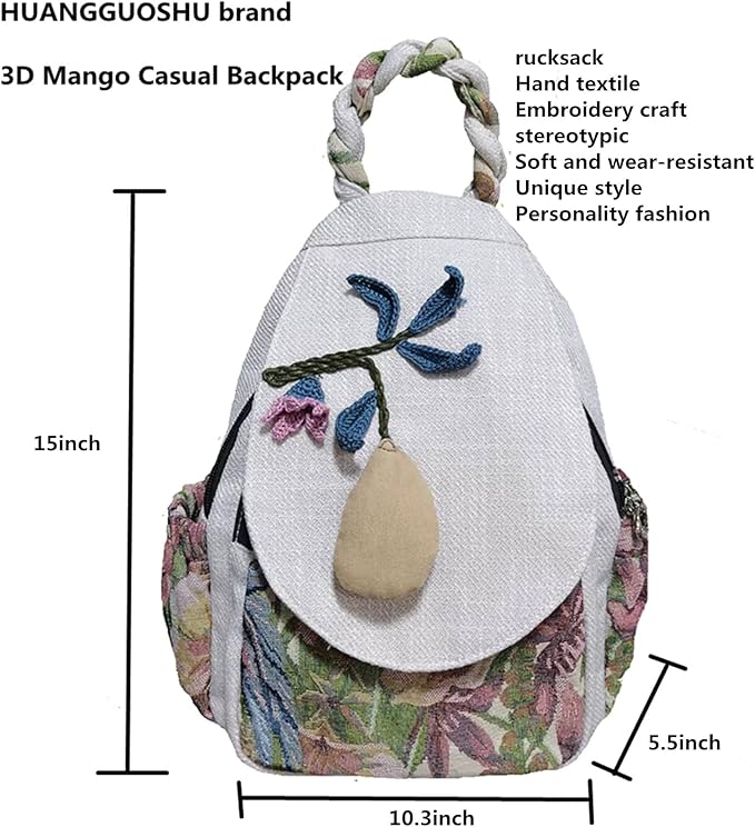 HUANGGUOSHU Women Cotton Woven Bohemian Hemp Boho Canvas Embroidery Multi Pocket Retro Cute Backpack Wallet Backpack Mango