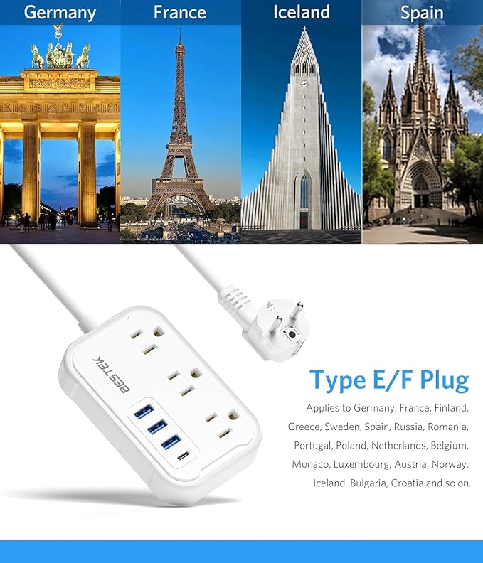 European Travel Plug Adapter - US to Europe Plug Adapter with 3 AC Outlets and 4 USB(1 PD20W) Type E/F - International Travel Adapter for USA to Germany France Iceland Spain, 2.6ft