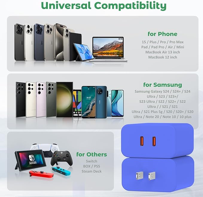 USB C Charger Block, 40W Dual Port Fast Charger 20W Type C Charging Block 3.1A USB Wall Charger Dual Port PD+QC Charging Cube for iPhone 15 16 14 13 12 11 Pro Max XS, iPad, Samsung Phone-Blue