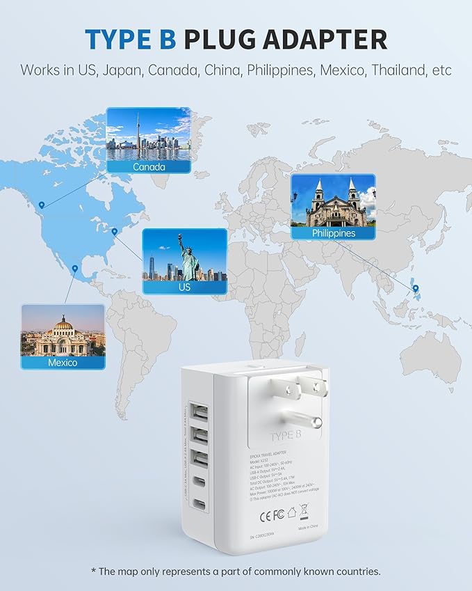 EPICKA US Travel Adapter, Universal Plug Adapter with 2 AC Outlets, 3 USB-A & 2 USB-C Ports, Ultra Compact Swap&Adapt Type B Plug Attachment, Grounded Adapter for Canada, Mexico, Philippines (X232B)