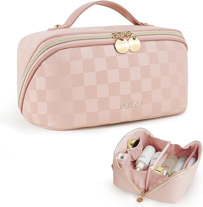 Prite Makeup Bag for Women Travel Waterproof Vegan Leather Cosmetic Bag Open Flat Toiletry Bag With Clear Divider and Handle (Plaid Pink)