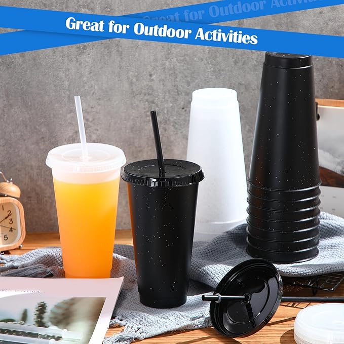 Honeydak 30 Pack Tumbler with Straw and Lid Bulk Glitter Plastic Cups Water Bottle Iced Coffee Travel Mug Reusable Party Favor Cups for Birthdays travel 24-27 oz (Black and Clear)