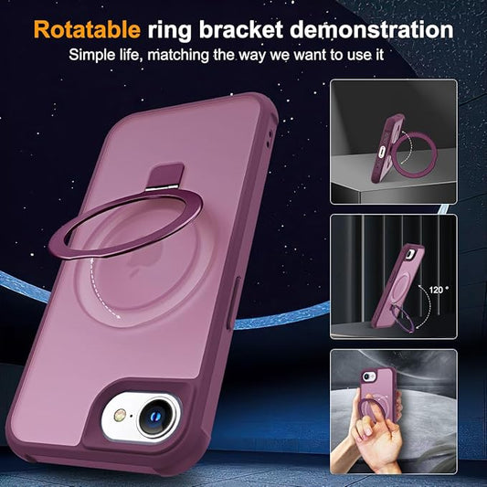 Compatible with iPhone 16E Case with Invisible Magnetic O-Ring Stand Military-Grade Translucent Case for iPhone 16E 6.1" 2025 [Compatible with Mag-Safe][Great Grip Feeling], Wine Red