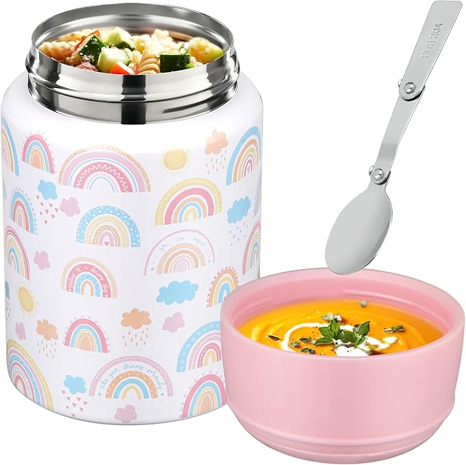 17oz Soup Thermo for Hot Food Kids Insulated Food Jar,Thermo Hot Food Lunch Container, Width Mouth Stainless Steel Lunch Box for Kids with Handle Folding Spoon(White - Little Rainbow)