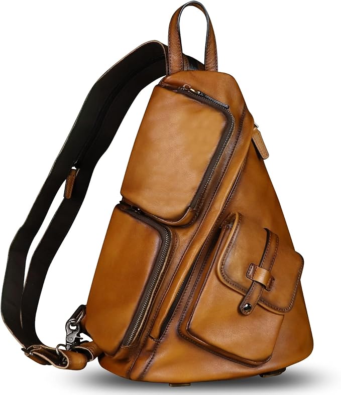 Genuine Leather Large Sling Bag for Men and Women Large Sling Backpack Purse Shoulder Crossbody Chest Bag for Ipad (Brown)