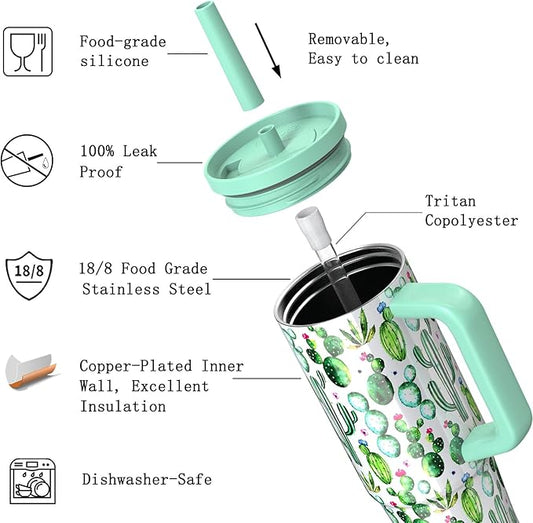 TILUCK 30 oz Tumbler with Handle, Vacuum Insulated Stainless Steel Travel Mug with 100% Leak-Proof Silicone Straw Lid, Cupholder Friendly Water Bottle(Cactus, 30oz)
