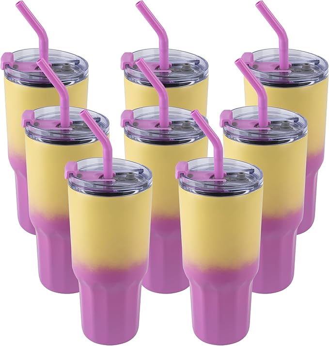 VEGOND 30 oz Insulated Stainless Steel Tumblers with lid and straw Bulk Pack Coffee Mug with Non-Slip Silicone Base, Sweat Proof Powder Coated Cup for Hot Cold Drinks, Pink and Yellow 8Pack