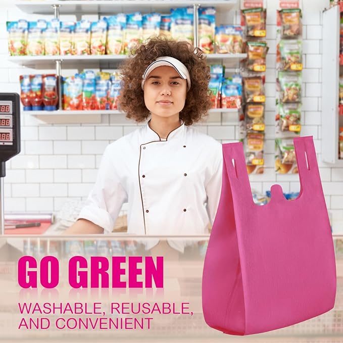 Windyun Large Grocery T-shirt Bags Bulk Reusable Non Woven Shopping Bag Foldable Gift Tote with Handle, 21x11x6 Inch