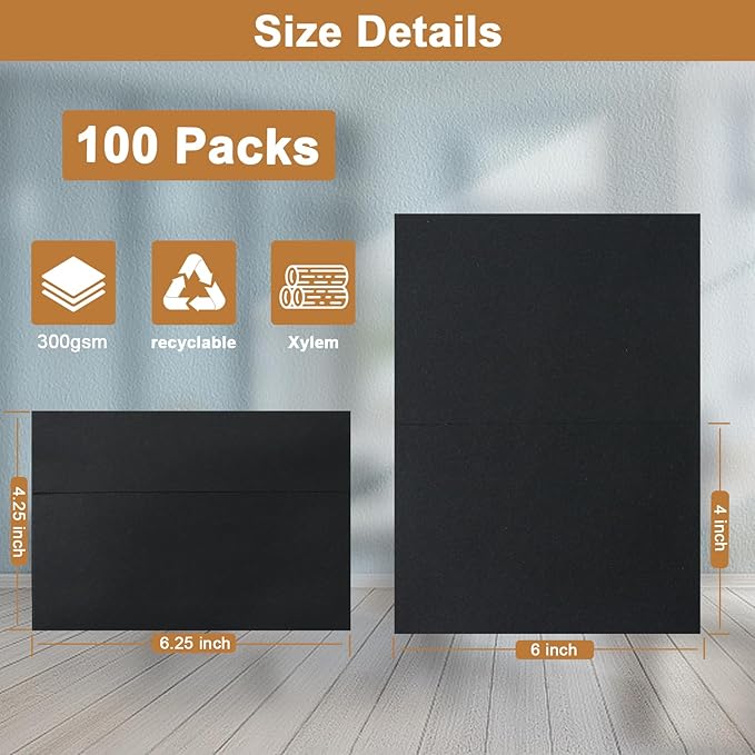 100 Packs Black Blank Greeting Cards and Envelopes 4 x 6 Heavyweight Folded Cardstock and A4 Envelopes Printable Self Seal for Graduations, Thank You Cards, Wedding Invitations, Baby Shower