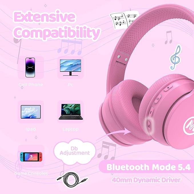 Headphones Kids Bluetooth 5.4 Wireless Play Time 68H Safe Volume Limit 85/94dB Over-Ear Foldable Headset,Fast Charging,with Aux Cord Built-in Mic for Toddler Child Pad Study Tablet Pink