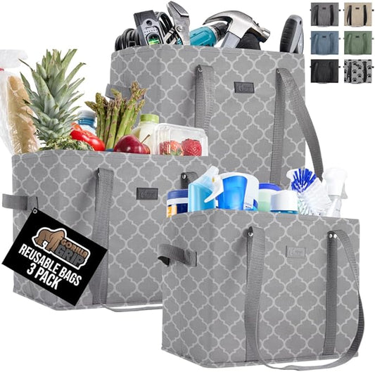 GORILLA GRIP Heavy Duty Foldable Reusable Grocery Bags, 3 PK, Tear Resistant Box Shape Shopping Tote with Reinforced Handles, Grip Feet, Easily Carry and Transport Groceries, 13x10x11, Quatrefoil Gray