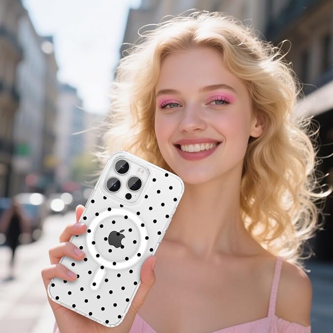 ZTOFERA Magnetic for iPhone 15 Pro Case,Cute Polka Dot Phone Case Aesthetic Striped Clear Trendy Slim Soft Shockproof Protective Phone Cover for Women Girls, Black Dot