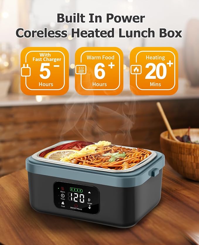 Electric Lunch Box For Adults(Men & Women),Heated Lunch Box Battery Powered With USB Charge port,Self Heating Coreless,Portable Food Warmer For meals on the go(1L Black)