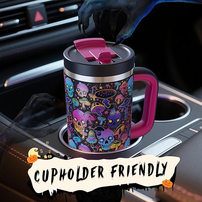 40oz Halloween Tumbler with Handle and Straw, Stainless Steel Insulated Water Bottle with Straw, Leak-Proof, Cup Holder Friendly, Keeps Cold 24 H, Gifts for Women Men, Trippy Skulls