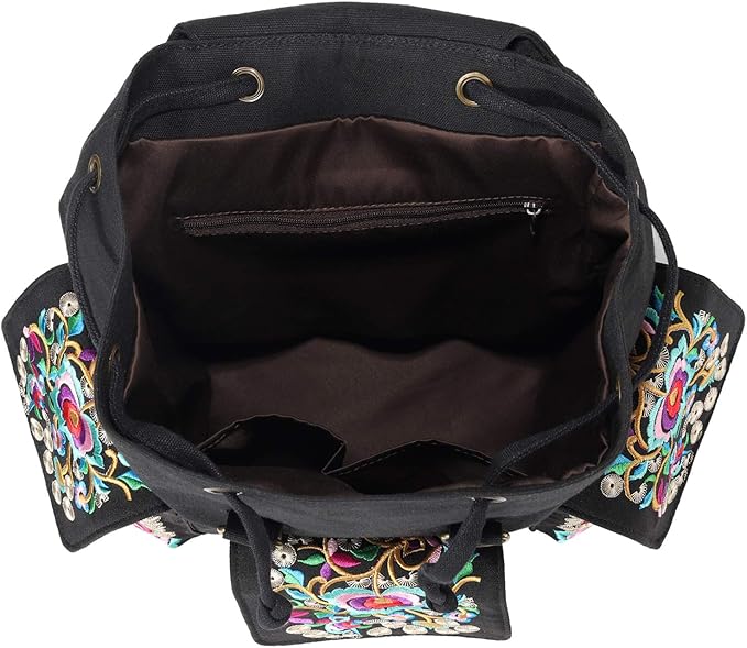 SILKAREA Vintage Embroidered Backpack Purse for Women Handbag Canvas Shoulder Bag Ethnic Boho Travel Backpack (Black S2) Large