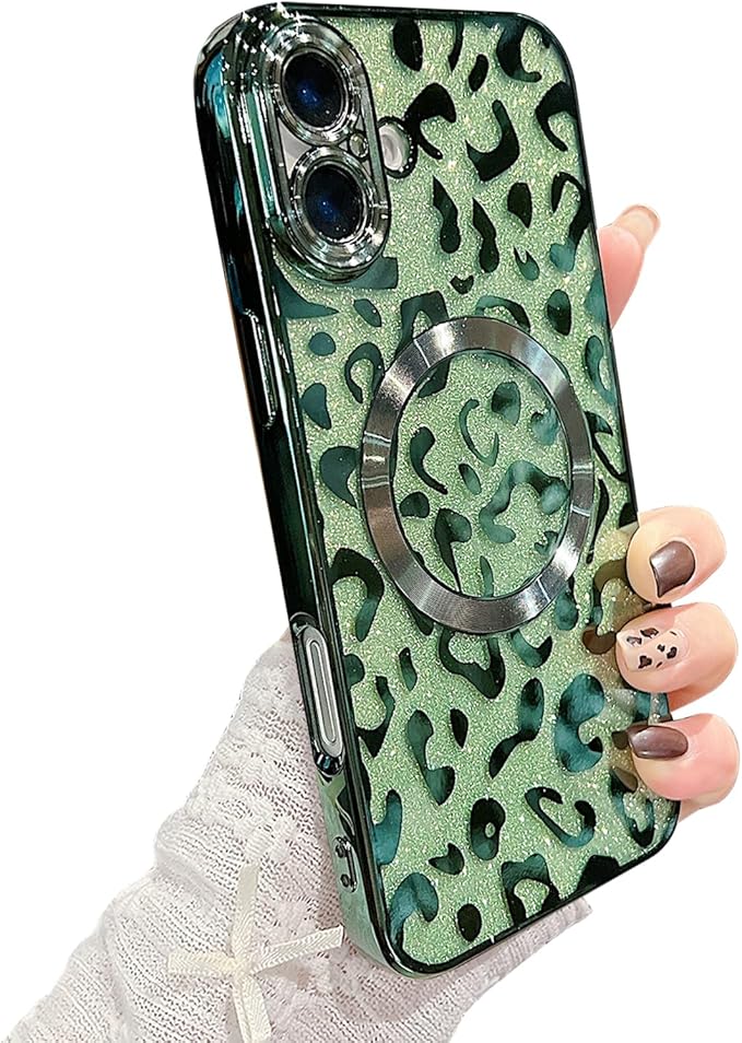 for iPhone 16 Case Magnetic,Soft Cute Luxury Leopard Cheetah Pattern Plating Glitter Bling Phone Case Compatible with MagSafe Clear Shockproof Back Cover for Women Girl 6.1"-Green