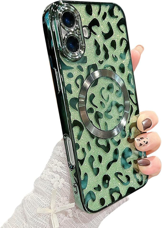 for iPhone 16 Case Magnetic,Soft Cute Luxury Leopard Cheetah Pattern Plating Glitter Bling Phone Case Compatible with MagSafe Clear Shockproof Back Cover for Women Girl 6.1"-Green