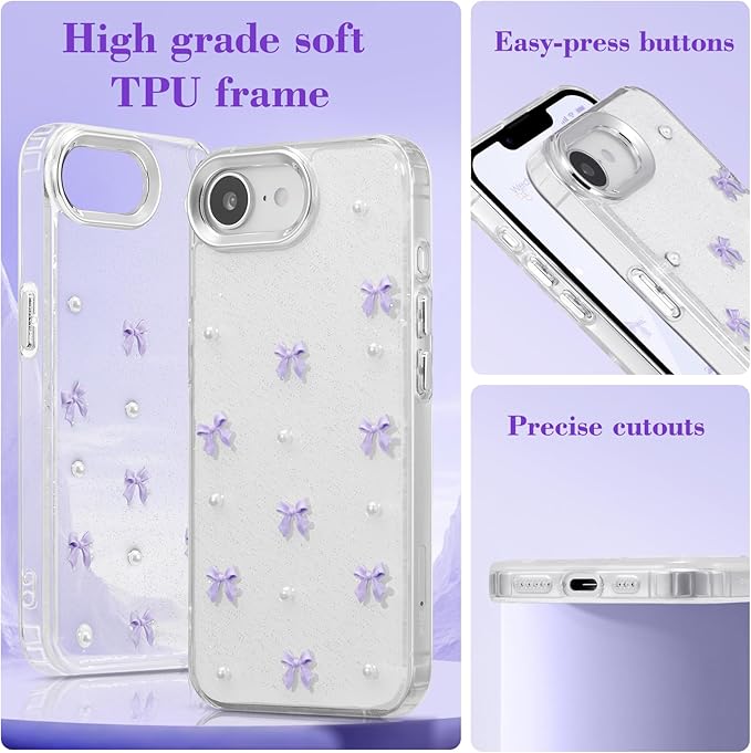 EYZUTAK Case for iPhone 16e, Bling Glitter 3D Bowknot Phone Case Cute Sparkly Crystal Clear Bow Aesthetic Design Cover Slim Soft Durable TPU Transparent Protective Cover for Women Girl - Purple Bow