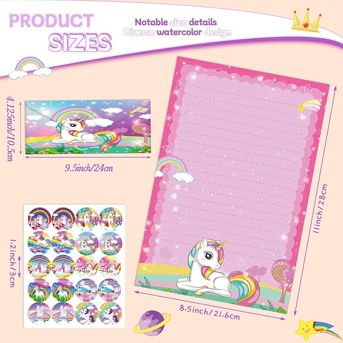 TaoBary 160 Pcs Stationery Paper Set 50 Double Sided Stationery Papers with 50 Matching Envelopes and 60 Round Dot Sticker, 10 Design(Unicorn,8.5 x 11 Inch)