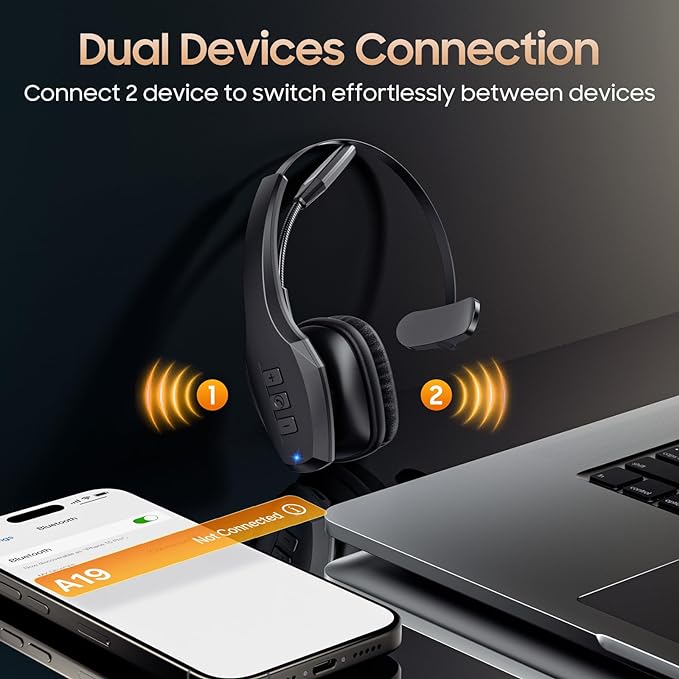 Trucker Bluetooth Headset, Wireless Headset with Mic, Bluetooth Headsets with Dual Noise Cancelling Microphone & Mute Button, 55Hrs Working Time PC Headsets for Cell Phones, Computer, Truck Driver