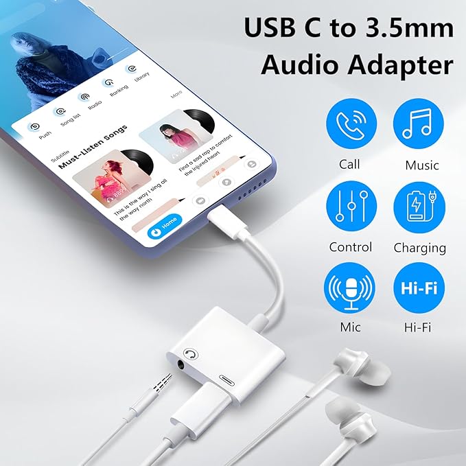 USB C to 3.5mm Jack Adapter with 60W Fast Charging, Type C Headphone Adapter Compatible with iPhone 16/15 Pro Max/15 Pro/15 Samsung Galaxy S24/S23/S22/S21 Ultra iPad Pro