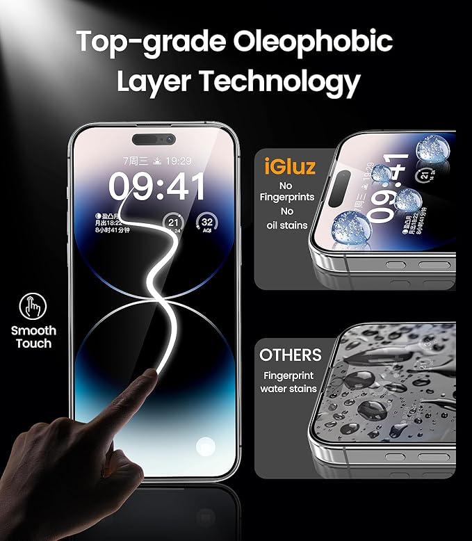 iGluz 4 Pack for iPhone 14 Pro Screen Protector with 2-Pack Camera Lens Protector[99.99%HD Clear][9H Tempered Glass][Bubble Free][Easy Installation][Smooth Touch][Anti-fingerprint],4+2 Dual Protection