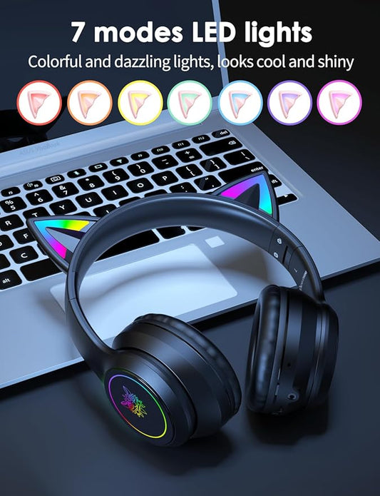 Cat Ear Bluetooth Headphones for Kids & Adults, 55H Play Time, Wireless Foldable & Wired Multi-Function LED Light Up Over Ear Headphones with Mic and Volume Control for iPhone/iPad/Laptop/PC