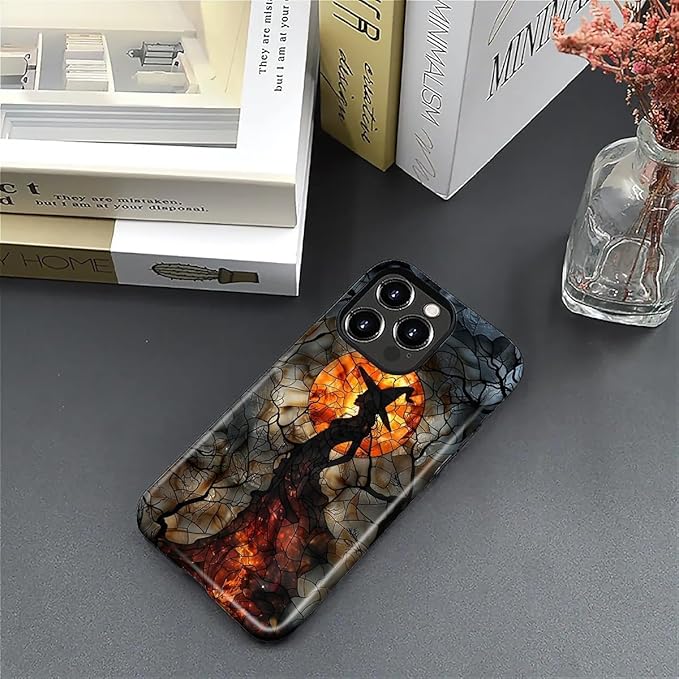 Case for iPhone 16 Pro Case,Halloween Witch Moon Stained Glass Design Hybrid Dual Protection Silicone + Hard PC Shockproof Full Body Cover Slim Anti-Scratch Protective Case for Men Women